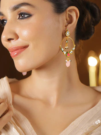 Green Enamel Kundan Studded Pastel Pink Beaded Chandbali Earrings