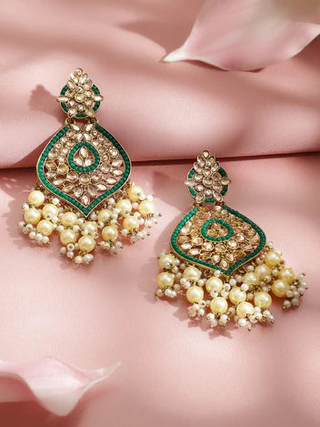Gold-Plated Kundan, Pastel Green Enamel & Pearl Beads Handcrafted Chandbali Earrings