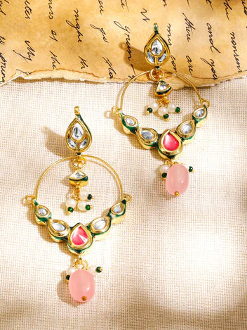 Green Enamel Kundan Studded Pastel Pink Beaded Chandbali Earrings