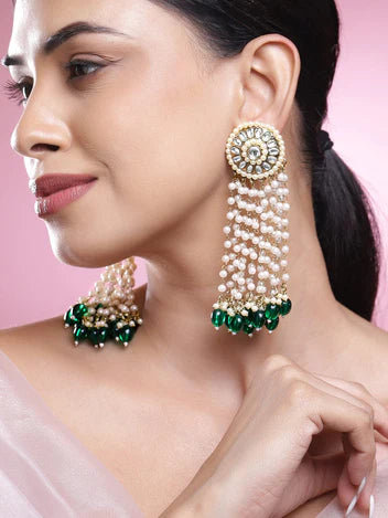 Gold-Plated Kundan Studded Multilayer Pearl Beaded Green Drop Chandelier Earrings