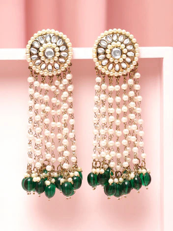 Gold-Plated Kundan Studded Multilayer Pearl Beaded Green Drop Chandelier Earrings