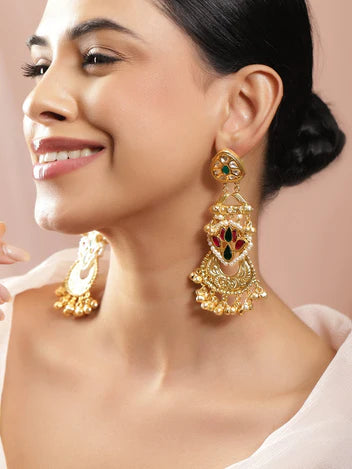 Gold-Plated Multi-Color Stone & Kundan Studded Chandbali Earrings With Beads