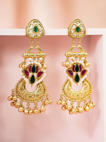 Gold-Plated Multi-Color Stone & Kundan Studded Chandbali Earrings With Beads