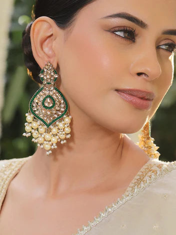 Gold-Plated Kundan, Pastel Green Enamel & Pearl Beads Handcrafted Chandbali Earrings